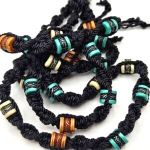 Handmade Woven‎ Black Cord Necklace with Multicolor Acrylic Beads Button Closure